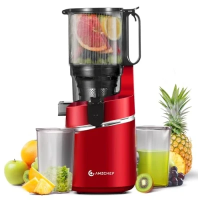 Abbildung von AMZCHEF 250W Automatischer All In One Entsafter 135MM Öffnung und 1,8L für Gemüse Obst, Slow Juicer Testsieger Mit Dreifachem Filter Tiefrot, Rot