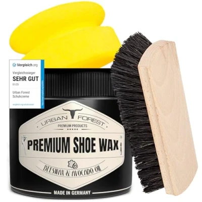 Abbildung von URBAN FOREST® Premium Schuhwachs als Schuhputzset für Lederpflege &amp; Schuhpflege bestehend aus Schuhcreme farblos, hochwertige Polierbürste Schwamm Made in Germany