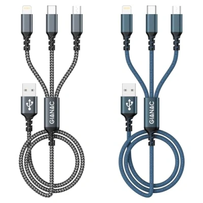Abbildung von GIANAC Multi USB Kabel [2Stück 1.2M] Ladekabel 3 in 1 schnellladekabel Universal mit Micro USB+USB C+Lightning für iPhone, Android Galaxy, Huawei,Oneplus,Sony,Honor View
