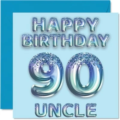 Abbildung von Stuff4 Geburtstagskarte zum 90. Geburtstag für Onkel Blaue Glitzer Partyballons Happy Birthday Karten 90 Jahre alten von Neffe Nichte, 145 mm x