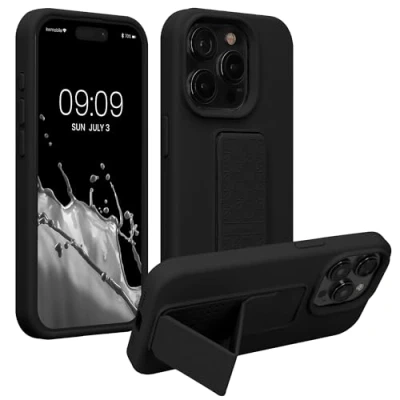 Abbildung von kwmobile Handyhülle kompatibel mit iPhone 15 Pro Hülle Fingerhalter und Standfunktion Silikon Case Handy Cover in Schwarz