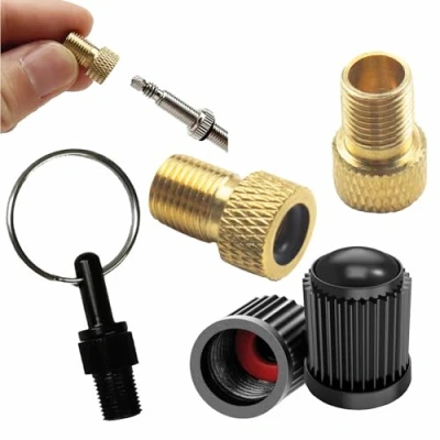 Abbildung von Pitlane Performance® Fahrrad Ventil Adapter Set; Messing für Presta Ventile; 2 Schrader + Kappen Schlüsselanhänger Fahrräder, E Bikes, Scooter (5er Set)