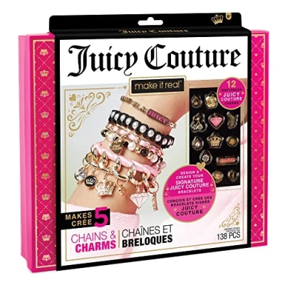 Abbildung von Make It Real Juicy Couture Armband Bastelset mit Deluxe Anhängern, Perlen, Samtband und goldfarbenen Ketten Spielzeug für Mädchen
