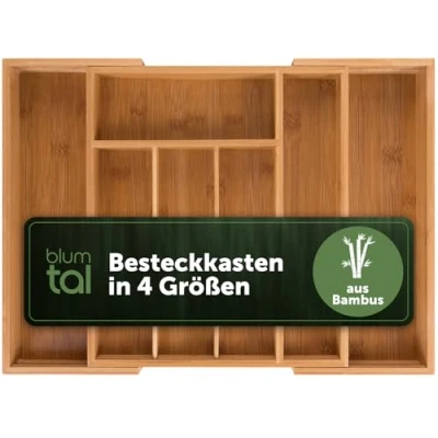 Abbildung von Blumtal Besteckkasten Schublade aus Bambus, größenverstellbarer Schubladen Einsatz, bis zu 9 Fächer