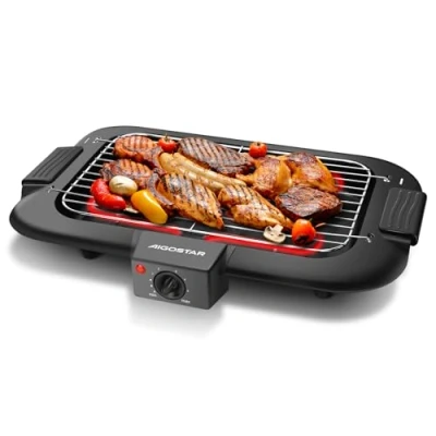 Abbildung von Aigostar Rauchfreier Tischgrill Barbecue Elektrogrill Elektrischer BBQ Grill 2000 Watt Antihaftbeschichtete Grillfläche 36 x 21cm, Abnehmbarer Fettauffangschale, Thermostat, Schwarz.