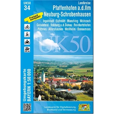 Abbildung von UK50 34 Landkreise Pfaffenhofen a.d.Ilm, Neuburg Schrobenhausen: Ingolstadt, Eichstätt, Manching, Wolnzach, Geisenfeld, Vohburg a.d. Donau, ... Karte Freizeitkarte Wanderkarte)