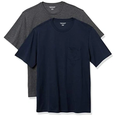 Abbildung von Amazon Essentials Herren T Shirt mit kurzen Ärmeln, Rundhalsausschnitt und Tasche in schmaler Passform, 2er Pack, Dunkelgrau Meliert/Marineblau, S