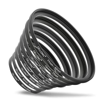 Abbildung von CELLONIC® Step Up Ring Filteradapter Set: Objektiv Filtergewinde Adapter 49 mm auf 52mm 55mm 58mm 62mm 67mm 72mm 77mm 82mm, Metall Gegenlichtblende, Filterring Kit Filter Gewinde Konverter Adapterring