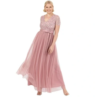 Abbildung von Maya Deluxe Damen Maxi Dress for Women Ladies Bridesmaid V Neck Ball Gown Short Sleeves Long Elegant Empire Waist Wedding Brautjungfernkleid, Vinatge Rose, 48
