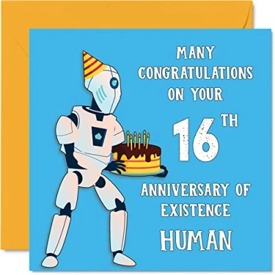 Abbildung von Lustige Geburtstagskarte zum 16. Geburtstag für Jungen und Mädchen Roboter Droide Happy Birthday Karte Sohn, Tochter, Bruder, Schwester, Enkel, Enkelin, Nichte, Neffe, Cousin, 145 mm x mm,