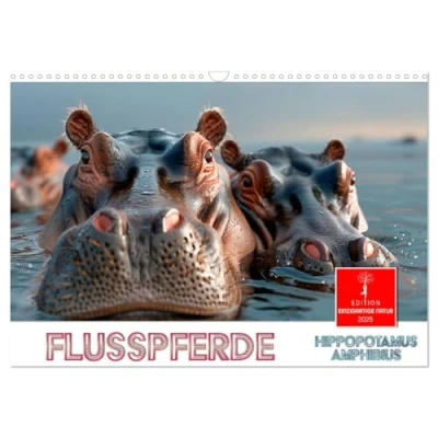 Abbildung von Flusspferde Hippopotamus amphibius (Wandkalender 2025 DIN A3 quer), CALVENDO Monatskalender