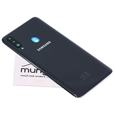 Abbildung von Akkudeckel für Samsung Original Galaxy A20s (A207F) Schwarz Backcover Deckel Rückwand mit mungoo Displayputztuch