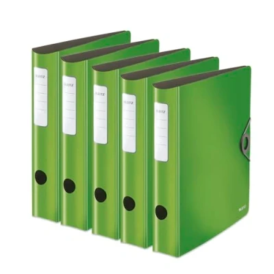Abbildung von Leitz Qualitäts Ordner 180 Active Solid, 5er Pack, A4, Schmal, Abgerundeter Rücken, 6,5 cm breit, Gummibandverschluss, Leichtes Polyfoam, Plastik Ordner, Hellgrün, 10481050