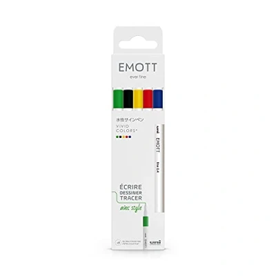 Abbildung von Uni Ball Emott Mitsubishi Pencil 5 Filzstifte Vivid Colors zum Schreiben, Zeichnen, Plotten mit Stil feine Spitze 0,4 mm Blau, Gelb, Rot, Grün, Schwarz