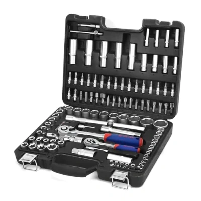 Abbildung von WORKPRO Steckschlüsselsatz 108 teilig, Knarrenkasten Ratschenkasten für Auto, mit 1/4&quot; und 1/2&quot; Umschaltknarre, Ratschen, Steckschlüssel, Bitsatz, Steckschlüsseleinsätze, Werkzeugkoffer