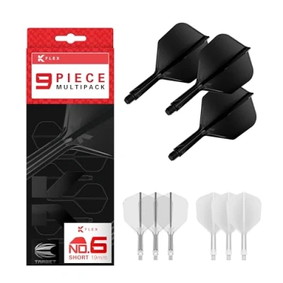 Abbildung von Target Darts K Flex Integrated Dart Flights and Shafts, Kurzer Schaft (19 mm), Nr. 6 Flight, 9er Pack, Schwarz, Weiß &amp; Transparent Kflex 2 In 1 Flight und Schaft, professionelles Dartzubehör