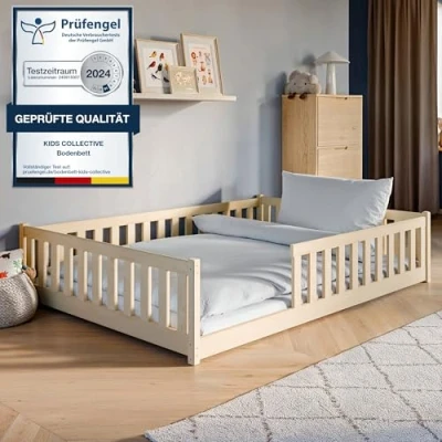 Abbildung von Kids Collective Kinderbett Bodenbett Bett mit Rausfallschutz &amp; Lattenrost Montessori Kinder (Jungen, Mädchen, Kinder, weitere Größen 80x160, 90x200, 140x200 cm), Gitterbett Jugendbett natur Matratze Junge Mädchen 140x200cm