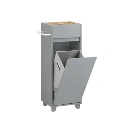 Abbildung von SoBuy Wäscheschrank mit ausklappbarem Wäschesack Wäschesammler oberen 4 Ablagen Wäschekorb Wäschetruhe Badezimmerschrank Badschrank Dunkelgrau BHT ca. 35x90x30cm BZR159 DG