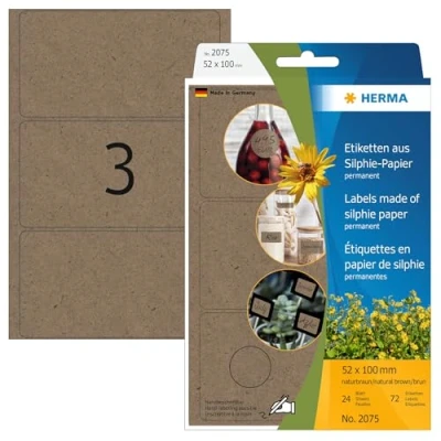 Abbildung von HERMA 2075 Vielzweck Etiketten aus Graspapier, 24 Blatt, 52 x 100 mm, 3 Stück pro Bogen, 72 Aufkleber, selbstklebend, Haushaltsetiketten zum Beschriften, Silphie Papier Klebeetiketten, natur braun