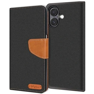 Abbildung von Verco kompatibel mit Apple iPhone 16 Plus Hülle, Schutzhülle für Tasche Denim Textil Book Case Flip Klapphülle Schwarz