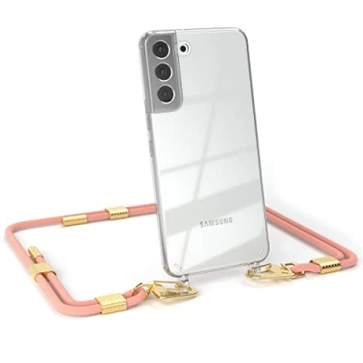Abbildung von EAZY CASE kombinierbare Handyketten kompatibel mit Samsung Galaxy S22 Plus 5G, Transparente Silikon Hülle stylischen rundem Umhängeband, Abnehmbarer Karabiner, Handykordel, Korall Clips Gold