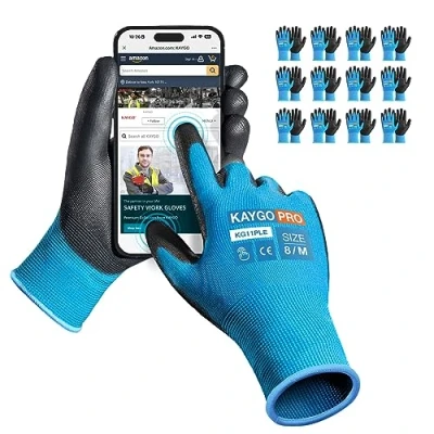 Abbildung von KAYGO 12 Paar Arbeitshandschuhe Touchscreen PU beschichtet Schutzhandschuhe, antirutsch Griff an Handflächen und Fingern, Geeignet für DIY allgemeine Arbeit Gartenarbeit (Blau, M, Gr 8)