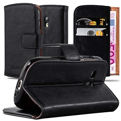 Abbildung von Cadorabo Hülle kompatibel mit Samsung Galaxy S3 Mini aus Premium Kunst Leder Flip Klappbare Stoßfeste Magnetische [Standfunktion] [Kartenfächern] Cover für Tasche in Schwarz