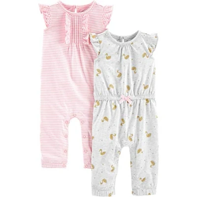 Abbildung von Simple Joys by Carter&#039;s Baby Mädchen 2 Pack Fashion Jumpsuits Overall, Grau Schwäne/Rosa Streifen, 18 Monate (2er Pack)