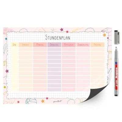 Abbildung von Stundenplan in rosa I DIN A4 Magnet Folie (21 x 29,7 cm) zum Schulanfang mit kariertem Hintergrund und Doodle Motiv für Jungs Mädchen wieder beschriften abwischbar dv1221