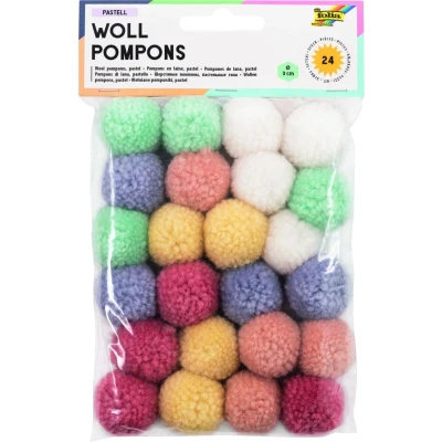 Abbildung von folia 50242 Woll Pompons, Pastell, 24 Stück, sortiert in 6 Farben, ca. 3 cm Durchmesser, ideal für farbenfrohe Bastelarbeiten