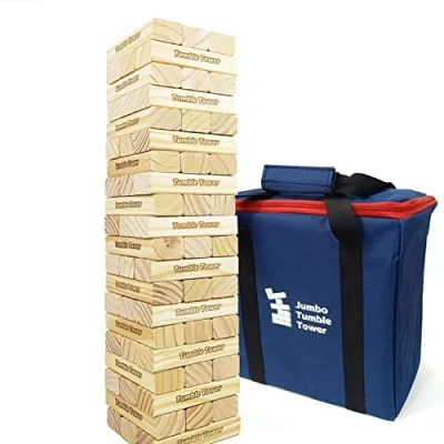 Abbildung von JacMok Jumbo Tumble Tower Wackelturm Turm Spiel 60 Stück Kiefernholz Toppling Blocks Spielzeug mit Tragetasche