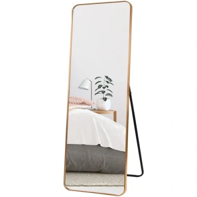 Abbildung von HORLIMER Standspiegel 152 x 46 cm mit Aluminiumrahmen, Goldspiegel, Großer Wandspiegel oder Stehspiegel Ganzkörperspiegel für Schlafzimmer, Wohnzimmer Flur, Explosionssicher Ankleidespiegel