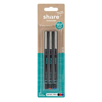 Abbildung von share Tintenroller 3er Set spendet eine Unterrichtsstunde für ein Schulkind langlebige Eco mit Patrone rot, schwarz, blau
