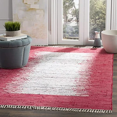 Abbildung von SAFAVIEH Modern Teppich für Wohnzimmer, Esszimmer, Schlafzimmer Montauk Collection, Kurzer Flor, Elfenbein und Rot, 91 X 152 cm