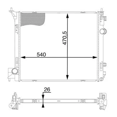 Abbildung von MAHLE ORIGINAL CR 1596 000S Kühler, Motorkühlung 590mm 428mm 26mm Kühlrippen gelötet NISSAN: Qashqai / Qashqai+2 I