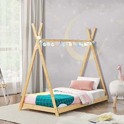 Abbildung von [en.casa] Kinderbett Vimpeli 90 x 200 cm Tipi Bett mit Lattenrost Kleinkindbett Bambus Zelt Spielbett Kinderzimmer