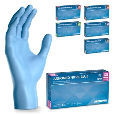 Abbildung von 500 Stück ARNOMED Einweghandschuhe Blau, Einmalhandschuhe XS, Nitril Handschuhe, Nitrilhandschuhe puderfrei, Gummi Handschuhe Einweg, Schutzhandschuhe, in S, M, L, XL, XXL