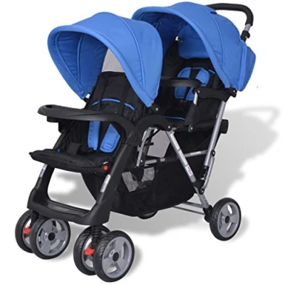 Abbildung von yorten Geschwister Zwillings Kinderwagen aus Stahl und Oxfordgewebe mit Regenschutzhaube für Babys Kleinkinder Blau Schwarz 118 x 41 108 cm