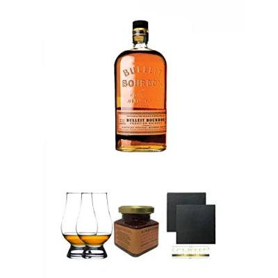 Abbildung von Bulleit Bourbon Frontier Whiskey 0,7 Liter + The Glencairn Glass Whisky Glas Stölzle 2 Stück Kentucky Himbeer Marmelade 150 Gramm Schiefer Glasuntersetzer eckig ca. 9,5 cm Ø