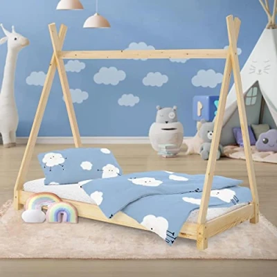 Abbildung von ML Design Kinderbett Tipi 80 x 160 cm mit Lattenrost, Natur, Kiefernholz, Indianer Bett aus Massivholz, Hausbett für Mädchen und Jungen, Kinderhaus Jugendbett Holzbett Bettenhaus Spielbett Zelt Holz