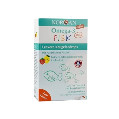 Abbildung von NORSAN Omega 3 FISK Jelly 45 hochdosiert/Omega für Kinder (250 mg pro Kaugeleedrops) / Öl mit EPA &amp; DHA/Tagesdosis Zitrone Erdbeer Geschmack 4 Kapseln Premium