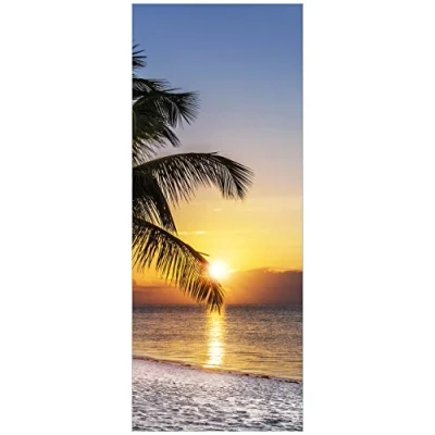 Abbildung von Wallario Glasbild Palme am Strand Sonnenuntergang über dem Meer 50 x 125 cm Wandbilder Glas in Premium Qualität: Brillante Farben, freischwebende Optik