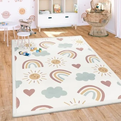 Abbildung von Paco Home Kinderteppich &quot;Emilia 352&quot;, rechteckig, Kurzflor, Sonne, Wolken, Regenbogen, sehr weicher Flor