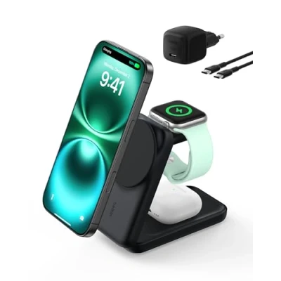 Abbildung von Belkin 3 in 1 Ladestation Apple Watch und iPhone mit Qi2, 25W, Ladegerät MagSafe kompatibel, Wireless Charger für 16, Watch, AirPods, induktive 45 W Adapter Schwarz