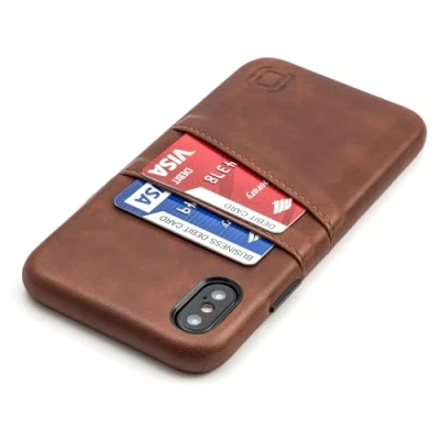 Abbildung von Dockem Exec Handyhülle mit 2X Kartenfach für iPhone X und XS Schmale Vintage Wallet Handytasche aus Kunstleder Hülle Einrastautomatik [Braun]
