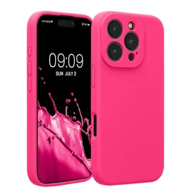 Abbildung von kwmobile Handyhülle kompatibel mit Apple iPhone 16 Pro Hülle gummierte Handy Case aus Silikon in Neon Pink