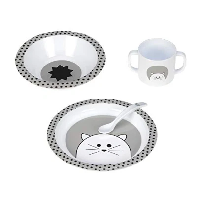 Abbildung von LÄSSIG Kindergeschirr Set (Teller, Becher, Schälchen, Löffel) ohne Melamin, BPA frei, für Spülmaschine und Mikrowelle/Dish PP Little Chums Cat
