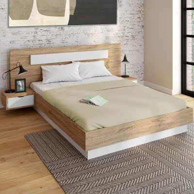 Abbildung von Doppelbett SANTA mit Kopfteil + integrierten Nachttischen und Lattenrost 160 x 200 cm Holz Weiß IDMarket