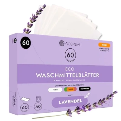 Abbildung von Cosmeau Waschmittel Blätter Lavendel bis zu 60 Waschgänge (60 Blätter) Nachhaltiges für Weiß, Farbe und Schwarz Plastikfrei, Abbaubar &amp; Perfektes Reisewaschmittel