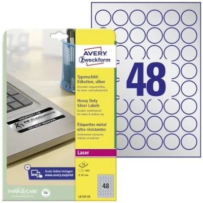 Abbildung von AVERY Zweckform L6129 20 Typenschild Folienetiketten (960 Aufkleber, Ø80mm auf A4, stark selbstklebend, strapazierfähig, wetterfest, bedruckbare Klebefolie, blanko) Blatt, silber